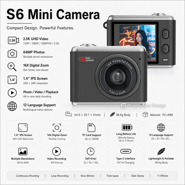 Beginner Vlog Mini Camera 2.5K UHD Video 64MP Photo Type C Pocket Recorder for Social Media Creators Gift