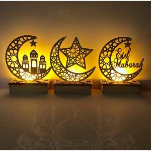 Warm <strong>White</strong> Eid Mubarak Festival <strong>Moon</strong> Ornaments Home Decorative Wooden Craft Light With Candlestick Five-Pointed Star Castle - Product Image 2