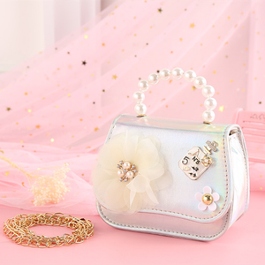 Bolso de mano mini de cuero morado brillante a la moda, estilo princesa, diseño de perlas y flores hechas a mano, lindo - Product Image 3