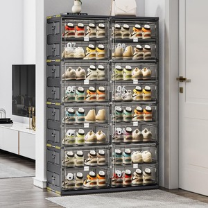 Organizzatore per scarpe impilabile a 8 livelli, armadio pieghevole pieghevole con porte magnetiche trasparenti per 32 paia, plastica resistente, Bl - Product Image 4