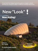 Hôtel de glamping avec tentes dôme et villas de villégiature en forme de coquille, dotées de chambres à toit arqué pour l'observation des étoiles, pour sites de camping agricoles et d'éco-tourisme
