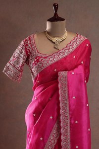 Sari en soie Tibby luxueux avec broderie fine en fil de sequins, chemisier non cousu, look de mariage sophistiqué, séchage rapide, toutes saisons - Product Image 3