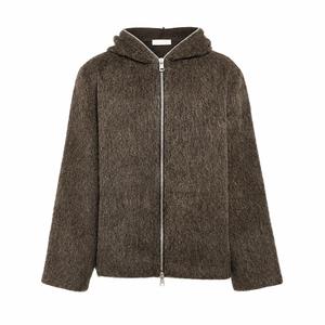 Marques de streetwear et de mode hivernale de luxe pour sweat à capuche zippé en tricot marron duveteux de qualité supérieure avec texture en mohair et coupe ample - Product Image 4