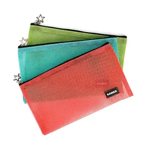 STASUN Alat Tulis Kustom Gaya Modern Multiwarna Ritsleting Mesh Pensil Tas Pena