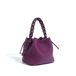 New soft genuine leather mini women's handbag Bucket Bag Simple fashion woven handle High quality cowhide ladies bag