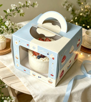 Boîte à gâteau rigide écologique portable avec fenêtre transparente, gaufrage personnalisé de dessins animés, logo quadricolore, emballage alimentaire, boîte à dessert