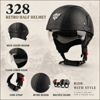 Casque de moto demi-face rétro en cuir rose 328 avec lunettes dorées à dégagement rapide, sangle à carreaux et protège-cou, certifié 3C DOT pour les détaillants