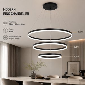 Lustre moderne à trois anneaux en aluminium et acrylique, LED à intensité variable avec télécommande, pour salle à manger, salon, chambre à coucher - Product Image 3