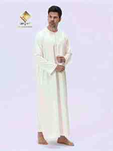 Al Haramain <b>Men's</b> White Cotton <b>Thobe</b> Round Neck Long Sleeve Floor Length Prayer Robe Modest Solid Design Breathable Regular Fit - Product Image 1