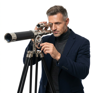 Télescope antique en métal poli à double tube, monté sur trépied noir, style vintage - Product Image 1