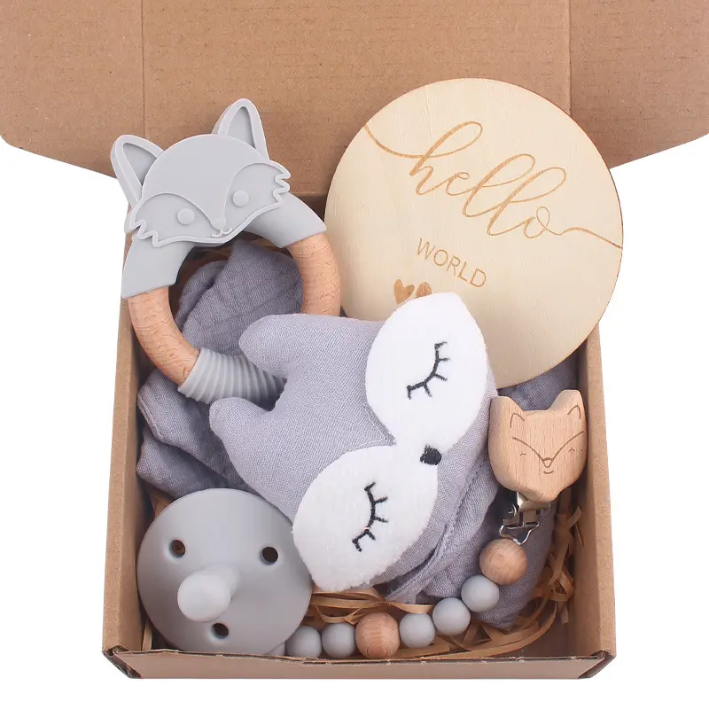 2023 Cutesheep Baby Gift Set 100% algodón muselina zorro edredón juguete tarjetas de hito de madera bebé mordedor Pacific Clip Gift Set