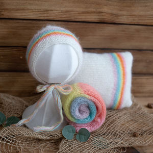 Ensemble de 3 pièces pour bébé, fille, garçon, chapeau arc-en-ciel, pantalon et oreiller, tricoté à la main, tenue de photo pour nouveau-né, <span class=keywords><strong>bonnet</strong></span> de costume pour bébé - Product Image 6