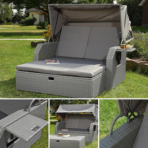 Loisirs plein air rotin <span class=keywords><strong>Double</strong></span> <span class=keywords><strong>lit</strong></span> solaire rotin Chaise salon jardin piscine auvent <span class=keywords><strong>lit</strong></span> canapé-<span class=keywords><strong>lit</strong></span> avec tabouret banc - Product Image 2