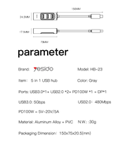 HB23 Yesido Support PD 100W Charge rapide Transfert de données ultra rapide Coque en alliage d'aluminium Hub USB 5 en 1