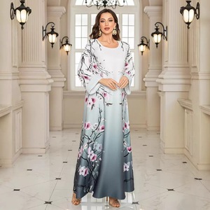 Robe Abaya Ouverte Élégante pour Femmes Musulmanes, Hiver, Polyester Extensible Quadridirectionnel, Longueur Cheville, Ornée de Perles, pour Mariage, avec Impression et Embellissement - Product Image 1