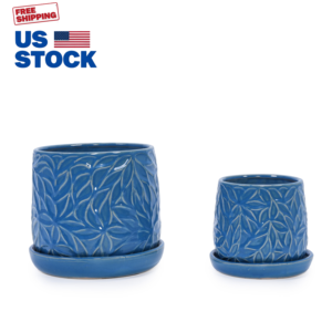 Juego de 2 macetas redondas de cerámica azul Mdj para interior y exterior, con platillos, estilo americano, para jardín y hogar. - Product Image 1