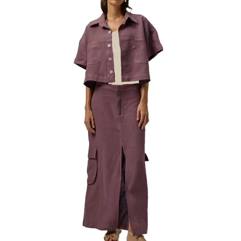 Custom Plus Size due pezzi set da donna Casual camicia con bottoni e gonna lunga in lino Cargo vestiti estivi per donna all'ingrosso