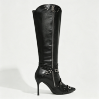 Bottes hautes marron pour femme personnalisables, à bout pointu, avec fermeture éclair intégrale, bride à boucle, talon aiguille et cloutées