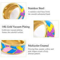 Bague large abstraite en acier inoxydable plaqué or 14 carats sous vide avec bande émaillée multicolore