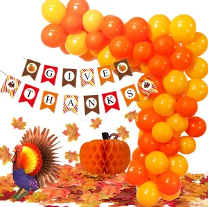 Orange latex balloons garland arch kit with maple banners turkey pumpkin honeycomb for Happy Thanksgiving party decor supplies