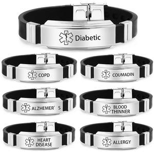Gelang Silikon Hitam Adjustable Berbahan Stainless Steel dengan Ukiran Peringatan <span class=keywords><strong>Diabetes</strong></span> untuk Grosir - Product Image 6