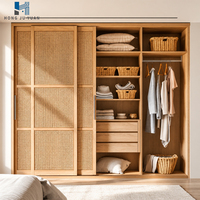 Armoire en bois sur mesure avec porte coulissante en rotin, grand tiroir de rangement, compartiment ouvert, meuble de chambre à coucher