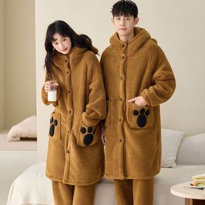 Conjunto <span class=keywords><strong>de</strong></span> Pijamas <span class=keywords><strong>de</strong></span> Franela Gruesa <span class=keywords><strong>de</strong></span> Coral para Parejas, Diseño <span class=keywords><strong>de</strong></span> Oso con Capucha, Térmico, Transpirable, Suave, Cintura Elástica Larga - Product Image 2