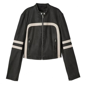 Veste en cuir style moto sur mesure avec bordure contrastante, fermeture éclair, veste en cuir courte en polyester pour femmes - Product Image 1