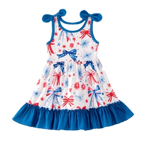 Robe d'été pour filles, en soie de lait, imprimé nœud, style tourbillon, extensible, douce, avec ourlet à volants, ODM - Product Image 1