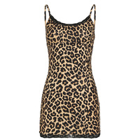 Robe mini en dentelle à imprimé léopard pour femme, sexy, bretelles réglables, sans manches, tissu tricoté sculptant le corps, décontractée