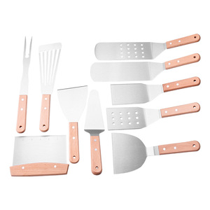 Stainless Steel BBQ Grill Tools Set With Beechwood Handle Spatulas For Outdoor Cooking And Teppanyaki Use - Product Image 1