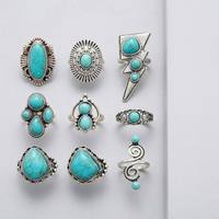 Ensemble de bagues vintage bohèmes en turquoise, plaqué argent antique, bijoux ethniques occidentaux de style gitan pour femmes, vente en gros