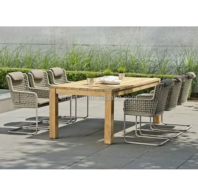 Modern mixing designed teak dining table and woven chair set outdoor garden rope furniture