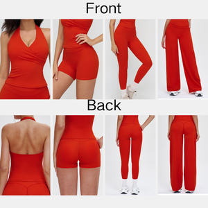 Ensemble de sport tendance pour femme : Haut dos nu à col en V croisé, short taille haute, leggings slim, pantalon large et ample pour le yoga, l'entraînement et la gym - Product Image 4