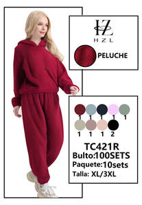 Tc421r Tuta da donna in pile con cappuccio, vestibilità ampia, tinta unita, casual, per l'autunno, con tasche laterali e vita elasticizzata - Product Image 3