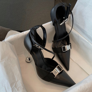 2026 New Summer Hollow Pointed Toe High Heels Women Black Special Shaped <b>Thin</b> Heels Wholesale Daily Party Dress Sandals - Product Image 4