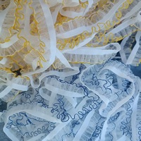 0203/1.8 Dentelle élastique brodée en textile jaune foncé et bleu, bord festonné, design original, pour col de vêtement et robe DIY, faite à la main