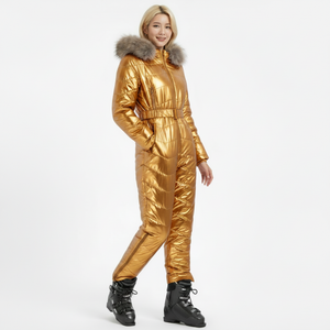 Combinaison de <span class=keywords><strong>ski</strong></span> pour <span class=keywords><strong>femme</strong></span> AQTQ, luxe, argent métallisé, avec capuche en <span class=keywords><strong>fourrure</strong></span>, ceinture de créateur, une pièce - Product Image 6