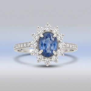 Bague de luxe ovale en saphir bleu avec accents floraux en diamants ronds en or 10K 14K 18K et argent 925 935 - Product Image 2