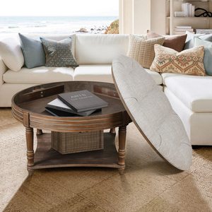 Large Round Waterproof Ottoman Coffee <b>Table</b> 2 Tier Button Tufted With Wooden Shelf Storage Farmhouse Style - Product Image 4