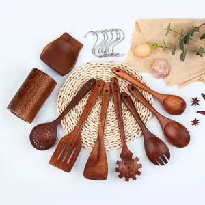 Set di utensili da cucina in legno antiaderente cucchiai da cucina in Teak naturale