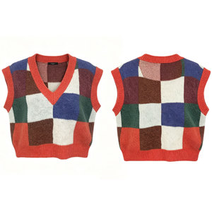 Ladies Checkered Knitted Vest Multi-color Plaid Sleeveless Sweater Color Block <strong>Jumper</strong> Vest Retro Preppy Layering Knitwear - Product Image 3
