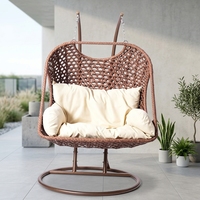Balançoire de véranda pour 2 personnes, chaise suspendue double en rotin tressé d'extérieur avec coussin épais pour patio, jardin, cour arrière, terrasse