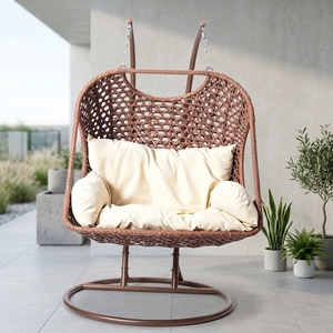 Balançoire de véranda pour 2 personnes, chaise suspendue <span class=keywords><strong>double</strong></span> en rotin tressé d'extérieur avec coussin épais pour patio, jardin, cour arrière, terrasse - Product Image 4