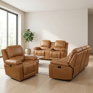Sofá Reclinable Moderno para Sala de Estar, Cuero Genuino, <span class=keywords><strong>3</strong></span> <span class=keywords><strong>Plazas</strong></span>, Juego de Sofás Marrón - Product Image 3