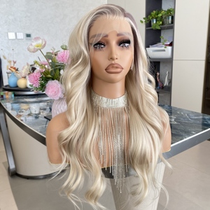 Perruque longue blonde ombrée en dentelle, perruques synthétiques faites à la main pour femmes, taille moyenne avec frange - Product Image 3