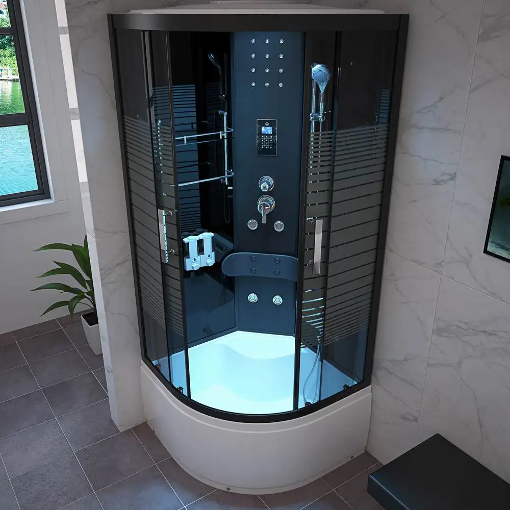 Baño ducha de vapor negro Vidrio Curvo masaje ducha de vapor cabina de ducha de vapor con bandeja