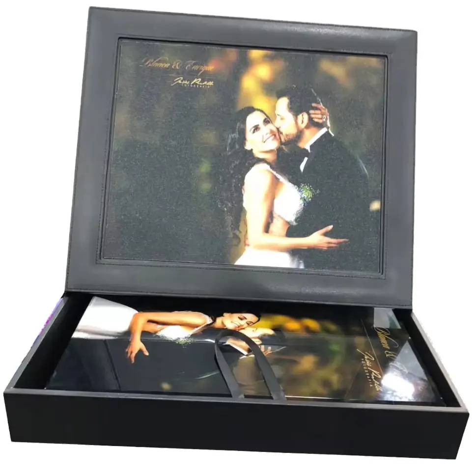 Doble 100 grabado duradero negro Digital PU cuero álbum de fotos caja de boda conjunto con cubierta