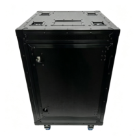 Flight case OEM 16U tout noir avec portes coulissantes latérales pour amplificateurs, doté de 4 rainures de superposition encastrées, de roues et d'un plateau pour étiquettes