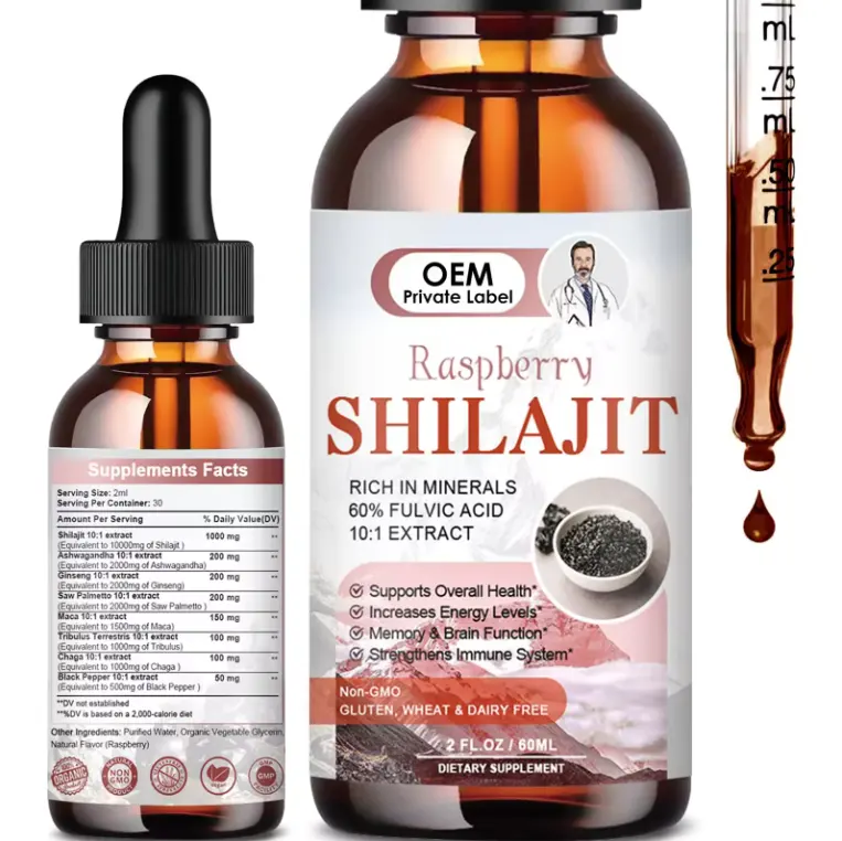 Biocaro OEM kualitas terbaik tetesan cairan Shilajit terbaik dan Lab Resin Shilajit diuji asam Fulvic kaya akan Shilajit